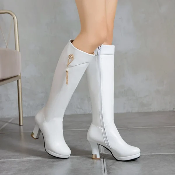 Leather Knee Boots Women Design Fur Warm Winter Shoes Women Zipper High Heels Thigh High Fflat Boots Long Woman Footwear K5616-4 - Image 5