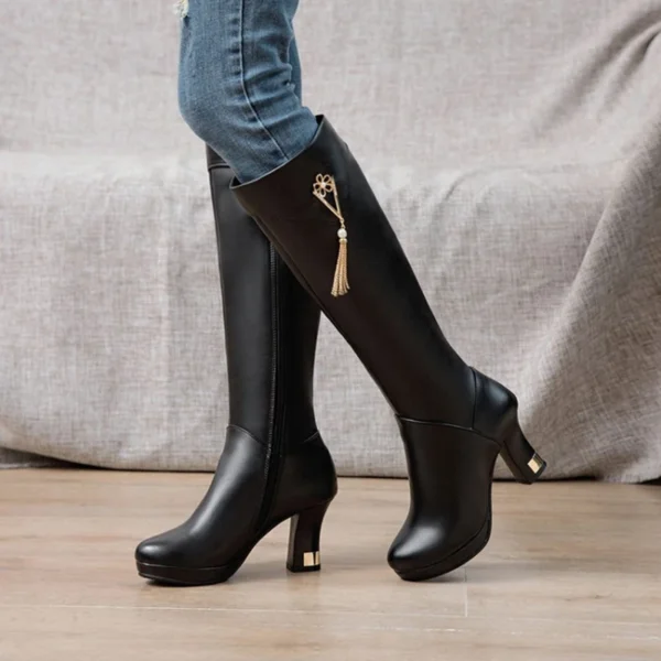 Leather Knee Boots Women Design Fur Warm Winter Shoes Women Zipper High Heels Thigh High Fflat Boots Long Woman Footwear K5616-4 - Image 6