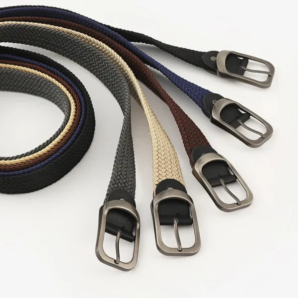 Unisex Eyeless Needle Metal Alloy Rectangle Buckle Woven Women's Belts Elastic Canvas Waistband Casual Pants Jeans Belt for Men - Image 2