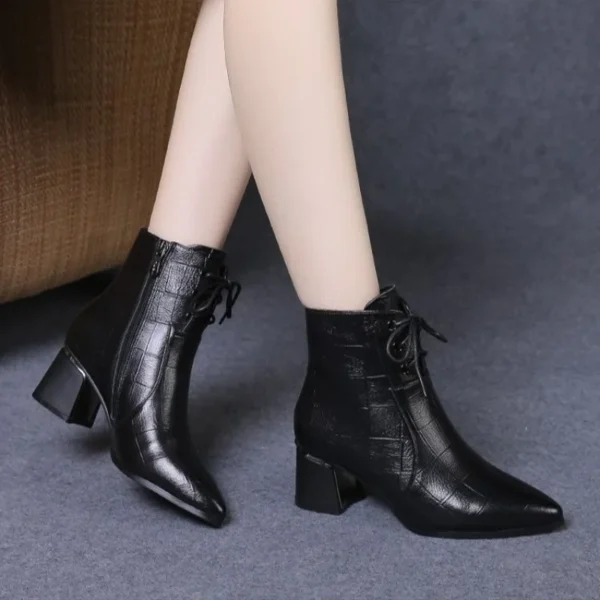2024 Autumn and Winter New Leather High-heeled Small Short Boots Women's Thick-heeled Nude Boots Short Ankle Boots Women Shoes - Image 4