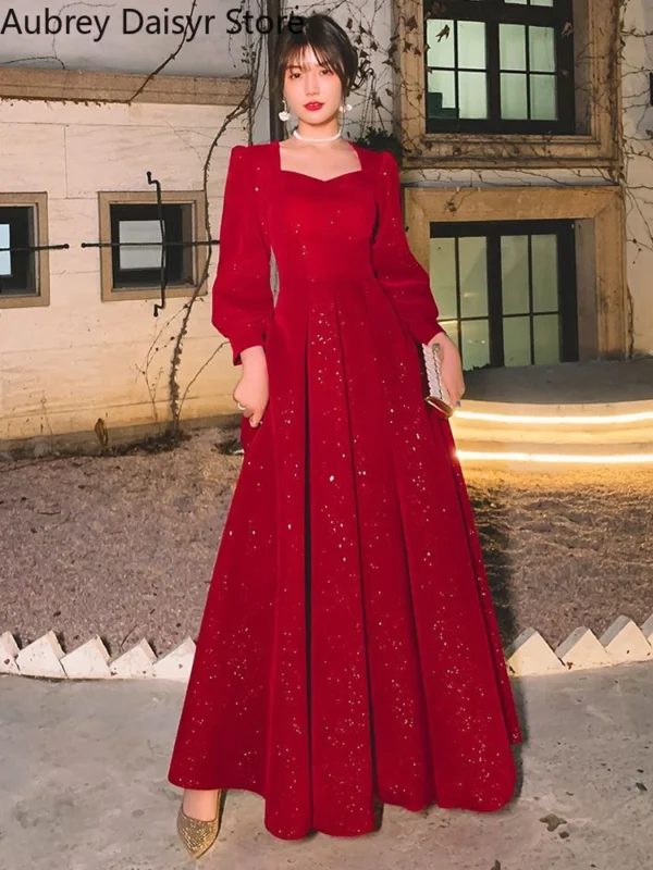 Elegant Red Sequins Midi Dress Women Vintage V-neck Formal Occasions Evening Party Dresses Fashion Chic Design New in Dresses - Image 3
