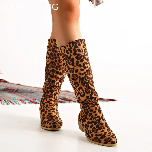 Leopard Women High Boots Sexy Chunky Pointed Toe Knee High Shoes Woman 2024 Trend Winter New Gladiaotor Motorcycle Botas Mujer - Image 2