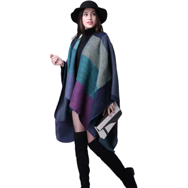 Thicken Winter Shawl Wraps Cape Women Fall Ponchos Plus Size Block Plaid Open Front Sweater Fleece Scarf Coat Holiday Outfits - Image 6