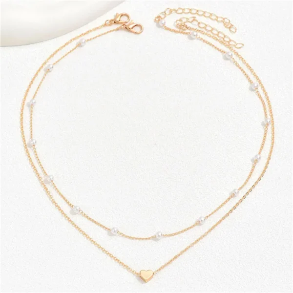 Simple Pearl Choker Necklaces for Women Fashion Double Layer Chain Small Love Heart Pendant Necklace Jewelry Gift Wholesale - Image 3