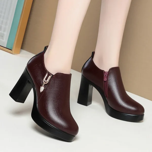 Comfortable Deep Mouth Soft Leather Anti-slip Shoes Platform Spring 2024 Women's Block Black High Heels Office Mother Shoes - Image 4