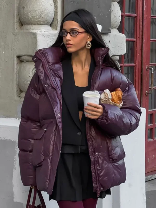 2024 New Burgundy Winter Warm Down Jacket Women Elegant Stand Collar Lace Up Pocket Cotton Coats Autumn Female Street Outerwear - Image 2