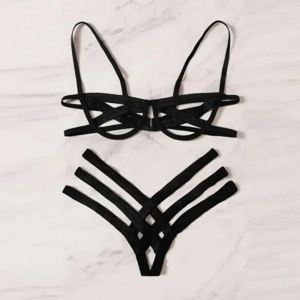 Bondage Harness Lingerie Set Womens Elastic Hollow Out Bra Sets Black Cupless Cage Bra Thong Sexy Intimates Exotic Underwear - Image 2