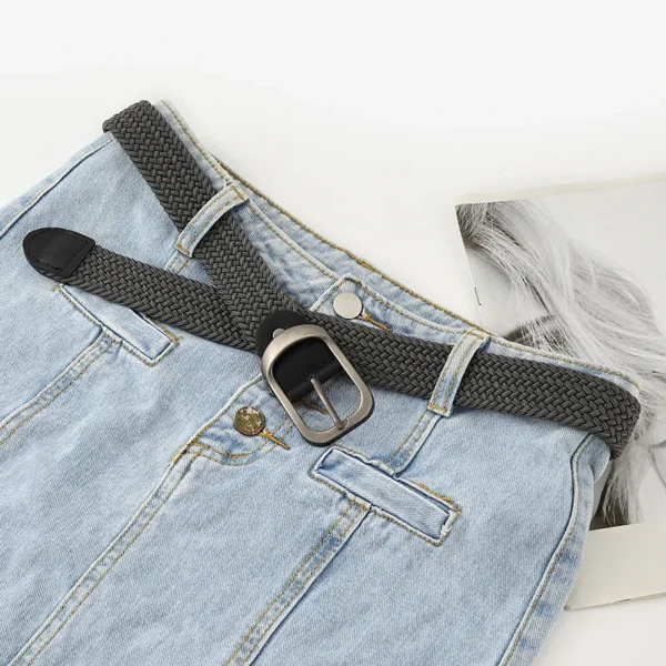 Unisex Eyeless Needle Metal Alloy Rectangle Buckle Woven Women's Belts Elastic Canvas Waistband Casual Pants Jeans Belt for Men - Image 3