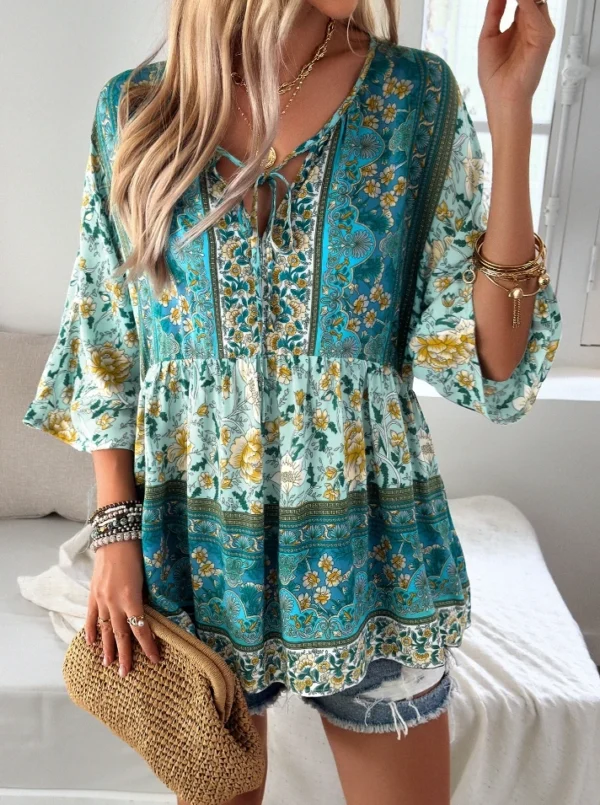 Top Women Casual Women's T-Shirt Autumn Loose Print V-Neck Lace Up High Waisted Vacation Daily Versatile Women's Long Sleeve Top - Image 2