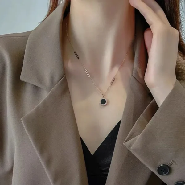 Classic Stainless Steel Roman Digital Wafer Pendant Necklace for Women Charm Geometry Round Shell Choker Chains Jewelry Gifts - Image 3