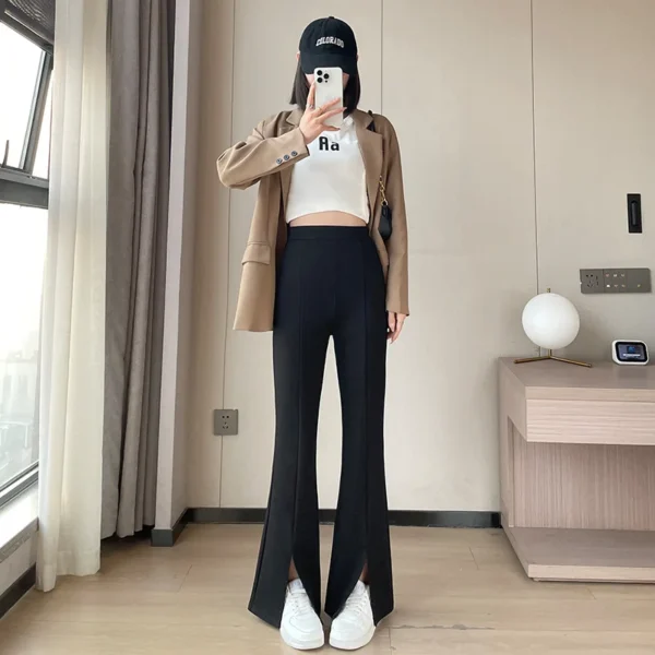 Spring Autumn New Fashion High Waist Elastic Solid Women's Clothing Bell-bottoms Pockets Hanging Down Korean Simplicity Pants - Image 4