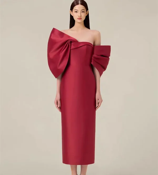 New Runway Fashion Summer Prom Party Pencil Dress French Women Sexy Off The Shoulder Back Large Bow Bodycon Split Midi Vestidos