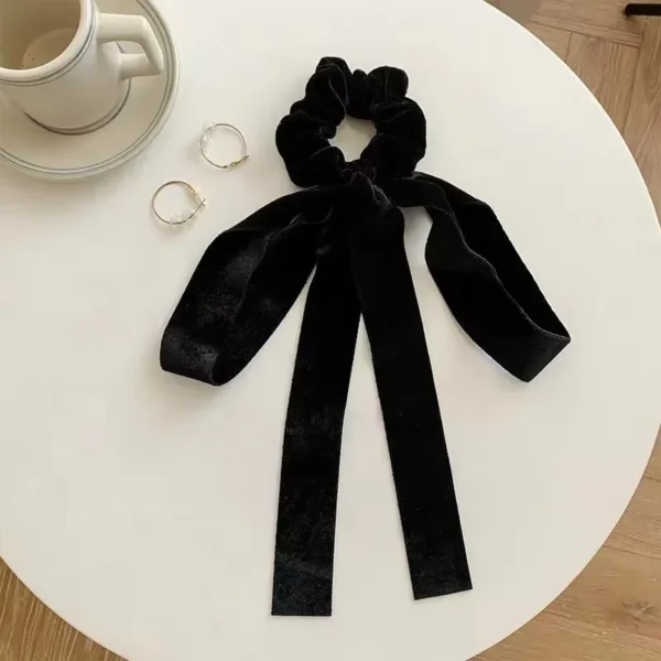Fashion Vintage Black Velvet Bow Hair Ribbon Scrunchie for Women Girls Long Elastic Hair Tie Headwear Female Hair Accessories - Image 4