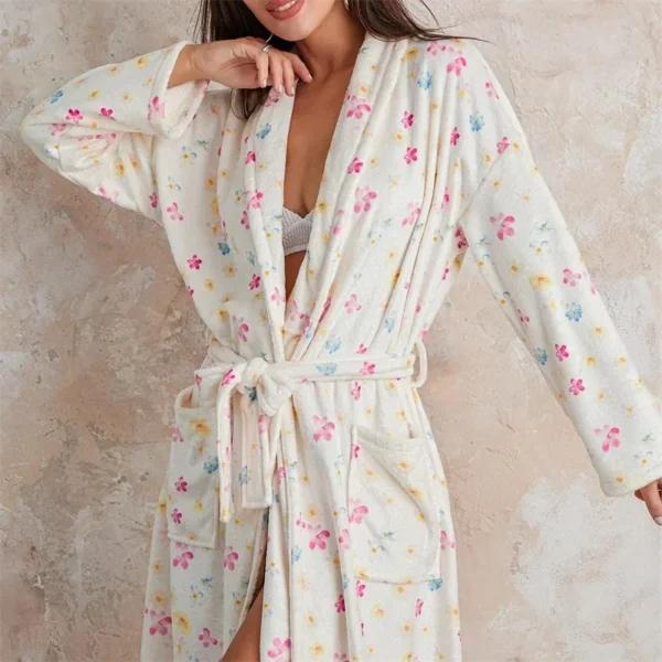 Women Flannel Robe Home Sleepwear Floral Print Shawl Collar Bathrobe Kimono Robe with Belt Winter Warm Pajamas Clothes - Image 3