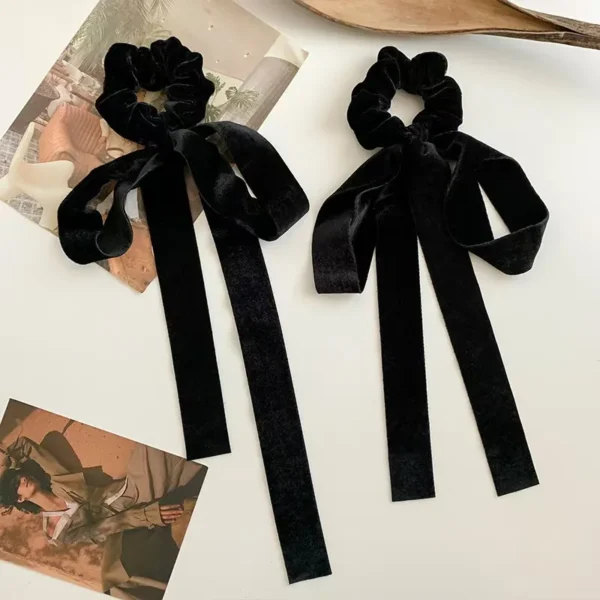 Fashion Vintage Black Velvet Bow Hair Ribbon Scrunchie for Women Girls Long Elastic Hair Tie Headwear Female Hair Accessories - Image 2