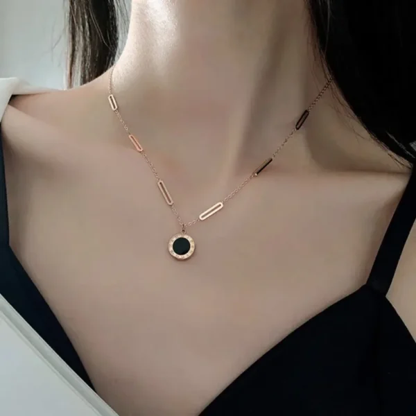 Classic Stainless Steel Roman Digital Wafer Pendant Necklace for Women Charm Geometry Round Shell Choker Chains Jewelry Gifts - Image 2