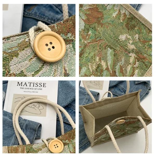 Student Handbag New Open Korean Canvas Bag Fashion Flower Design Buckle Lunch Box Bag Small Square Bag for Women - Image 6