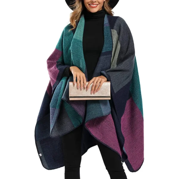 Thicken Winter Shawl Wraps Cape Women Fall Ponchos Plus Size Block Plaid Open Front Sweater Fleece Scarf Coat Holiday Outfits - Image 2