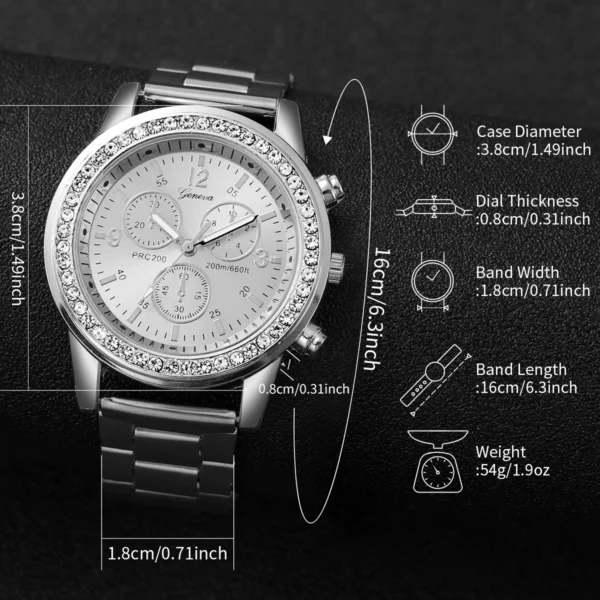 Women Fashion Silver Color Stainless Steel Quartz Watch & Silver Beads Jewelry Set - Image 5
