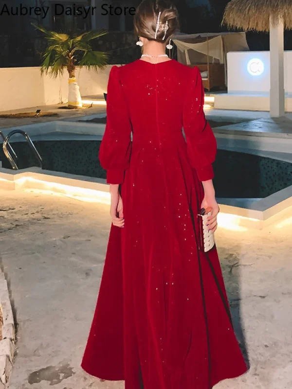 Elegant Red Sequins Midi Dress Women Vintage V-neck Formal Occasions Evening Party Dresses Fashion Chic Design New in Dresses - Image 6