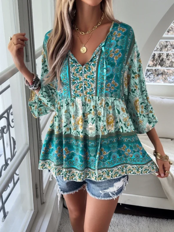 Top Women Casual Women's T-Shirt Autumn Loose Print V-Neck Lace Up High Waisted Vacation Daily Versatile Women's Long Sleeve Top