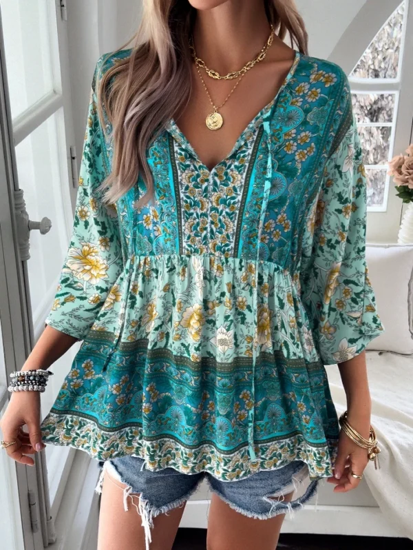 Top Women Casual Women's T-Shirt Autumn Loose Print V-Neck Lace Up High Waisted Vacation Daily Versatile Women's Long Sleeve Top - Image 3