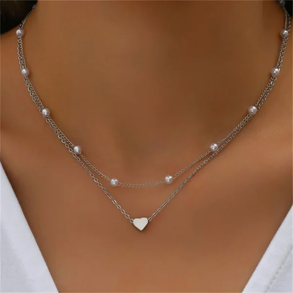 Simple Pearl Choker Necklaces for Women Fashion Double Layer Chain Small Love Heart Pendant Necklace Jewelry Gift Wholesale - Image 2