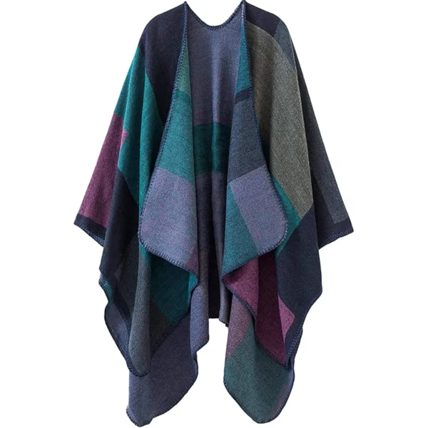 Thicken Winter Shawl Wraps Cape Women Fall Ponchos Plus Size Block Plaid Open Front Sweater Fleece Scarf Coat Holiday Outfits - Image 3