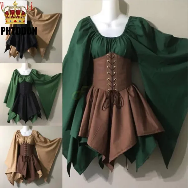 Halloween Cosplay Palace Victoria Medieval Vintage Fairy Elf Costume For Women Princess Bandage Christmas Ptachwork Party Dress
