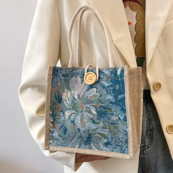Student Handbag New Open Korean Canvas Bag Fashion Flower Design Buckle Lunch Box Bag Small Square Bag for Women