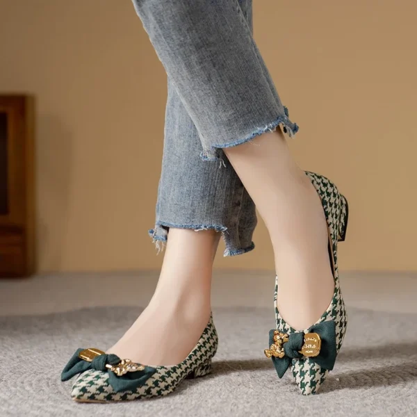 Shoes for Women 2024 New Slip on Women's Flats Autumn Pointed Toe Mixed Colors Houndstooth Butterfly-knot Shallow Mouth Shoes - Image 4