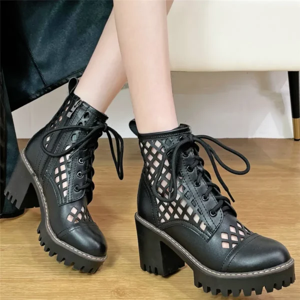 Hollow Gladiator Sandals Women Lace Up Genuine Leather High Heel Ankle Boots Female Summer Round Toe Platform Pumps Casual Shoes - Image 6