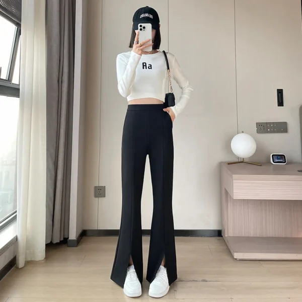 Spring Autumn New Fashion High Waist Elastic Solid Women's Clothing Bell-bottoms Pockets Hanging Down Korean Simplicity Pants - Image 3