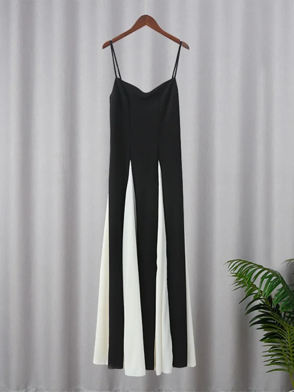 Elegant Black White Contrasting Women Sling Dress Fashion Backless Sleeveless High Waist Maxi Dresses Female Party A-line Robes - Image 5