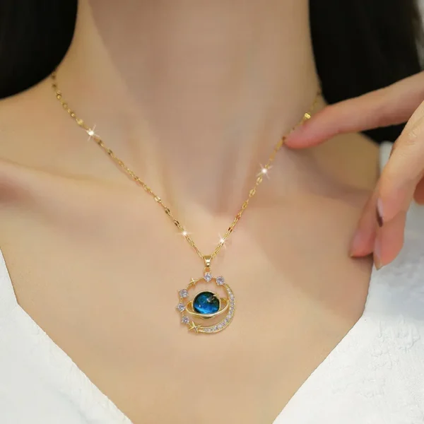 Luxury Inlaid Zircon Planet Moon Pendant Necklace For Women Titanium Steel Butterfly Water Drop Clavicle Chain Charm Jewelry - Image 2