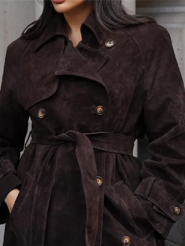 Brown Suede Leather Women Winter Coats With Belt Vintage Lapel Double Breasted Coat Ladies 2024 New High Street Trench Outerwear - Image 5