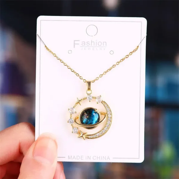 Luxury Inlaid Zircon Planet Moon Pendant Necklace For Women Titanium Steel Butterfly Water Drop Clavicle Chain Charm Jewelry - Image 4
