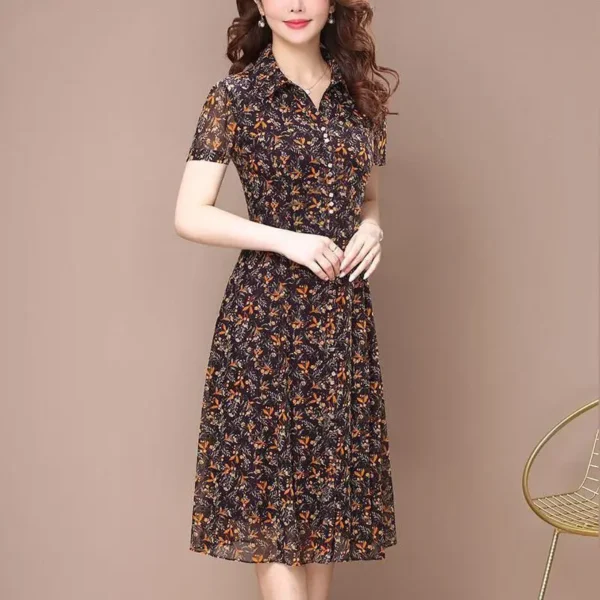 Long Sleeve Dress Women Floral Print Elegant Turndown Collar Summer Female Clothing Slim All-match Casual Button Midi Dress Robe - Image 3