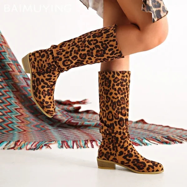 Leopard Women High Boots Sexy Chunky Pointed Toe Knee High Shoes Woman 2024 Trend Winter New Gladiaotor Motorcycle Botas Mujer - Image 3