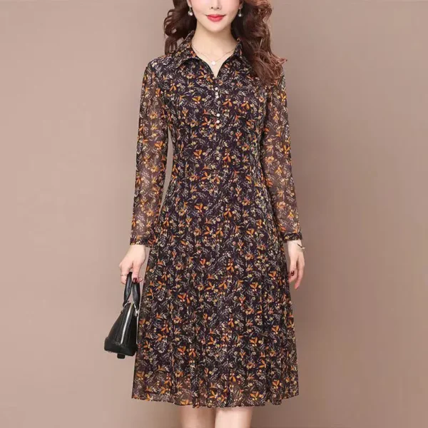 Long Sleeve Dress Women Floral Print Elegant Turndown Collar Summer Female Clothing Slim All-match Casual Button Midi Dress Robe - Image 4