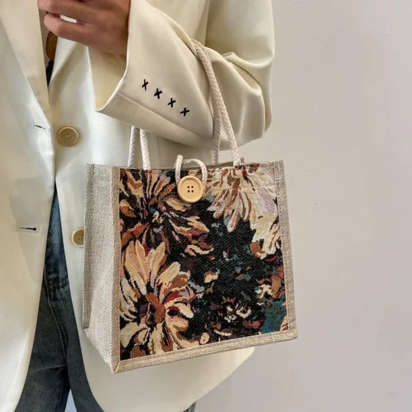 Student Handbag New Open Korean Canvas Bag Fashion Flower Design Buckle Lunch Box Bag Small Square Bag for Women - Image 2