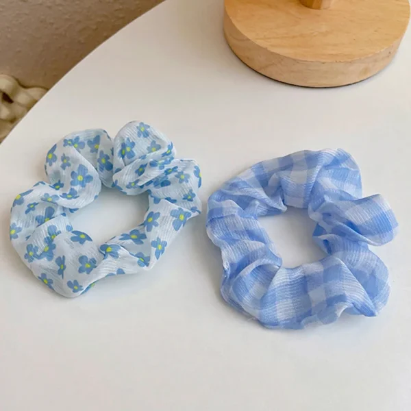Blue Series Chiffon Scrunchies Ponytail Holders Rubber Band Sweet Hair Accessories Organza Mesh Hair Rope Floral Hair Ring - Image 3