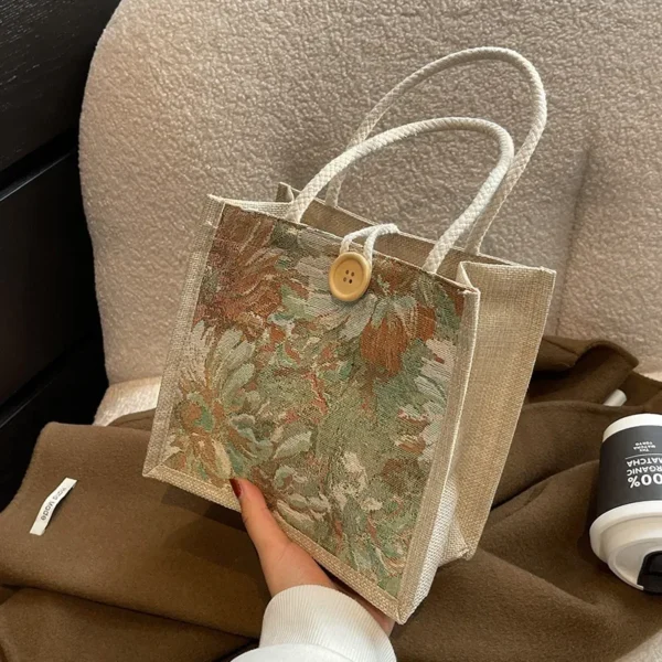 Student Handbag New Open Korean Canvas Bag Fashion Flower Design Buckle Lunch Box Bag Small Square Bag for Women - Image 4