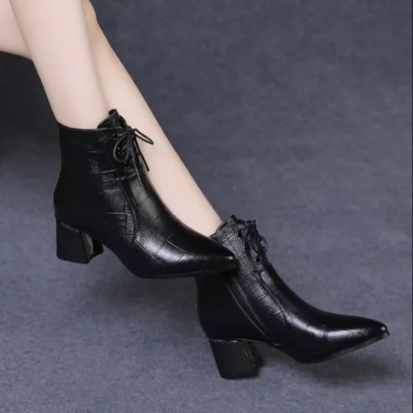 2024 Autumn and Winter New Leather High-heeled Small Short Boots Women's Thick-heeled Nude Boots Short Ankle Boots Women Shoes - Image 5