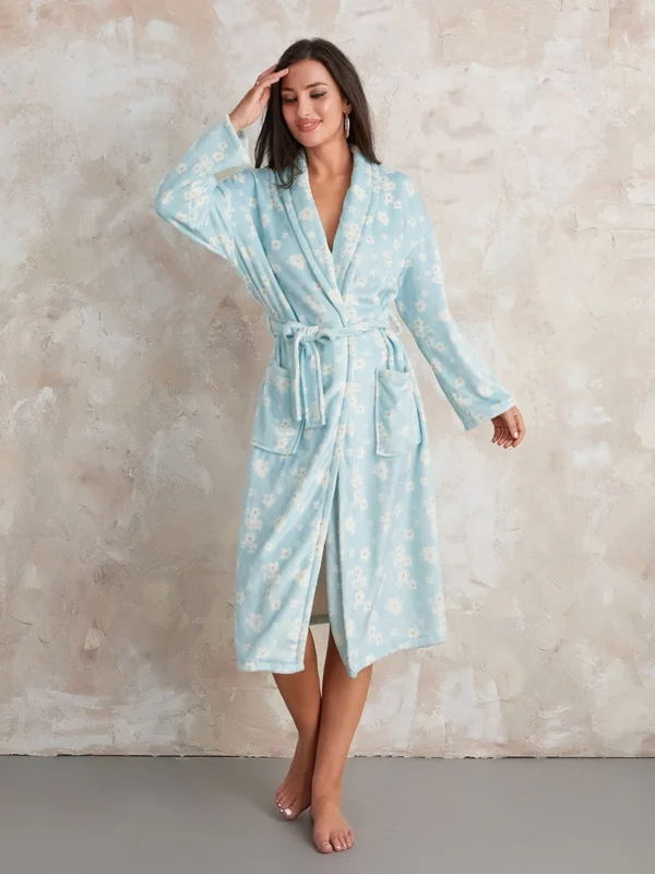 Warm Flannel Robe Winter Home Sleepwear Women Print Long Sleeve Bathrobe Kimono Robe with Belt Loungewear Pajamas Female - Image 3