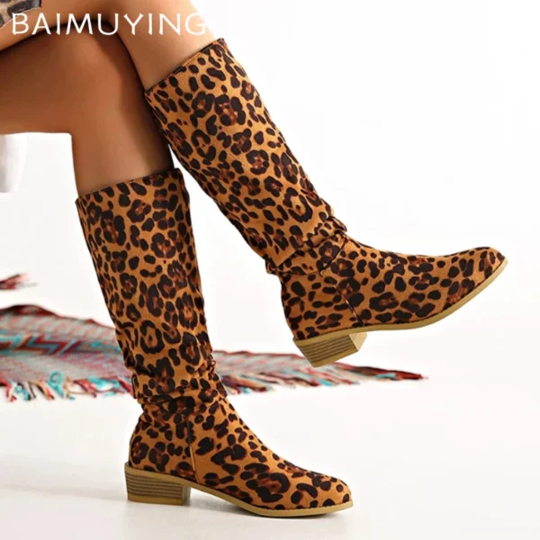 Leopard Women High Boots Sexy Chunky Pointed Toe Knee High Shoes Woman 2024 Trend Winter New Gladiaotor Motorcycle Botas Mujer