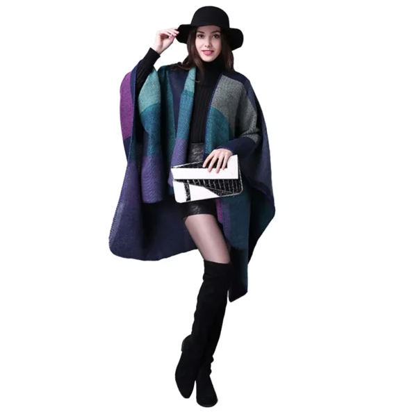 Thicken Winter Shawl Wraps Cape Women Fall Ponchos Plus Size Block Plaid Open Front Sweater Fleece Scarf Coat Holiday Outfits - Image 5