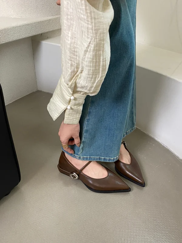 Pointed Toe Women Loafers Black Brown White Casual Mules Shoes Belt Buckle Shallow Slip On Low Flat Heeled Party Pumps Size 40 - Image 4