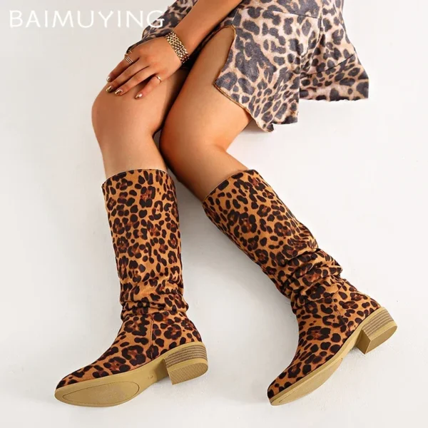 Leopard Women High Boots Sexy Chunky Pointed Toe Knee High Shoes Woman 2024 Trend Winter New Gladiaotor Motorcycle Botas Mujer - Image 4