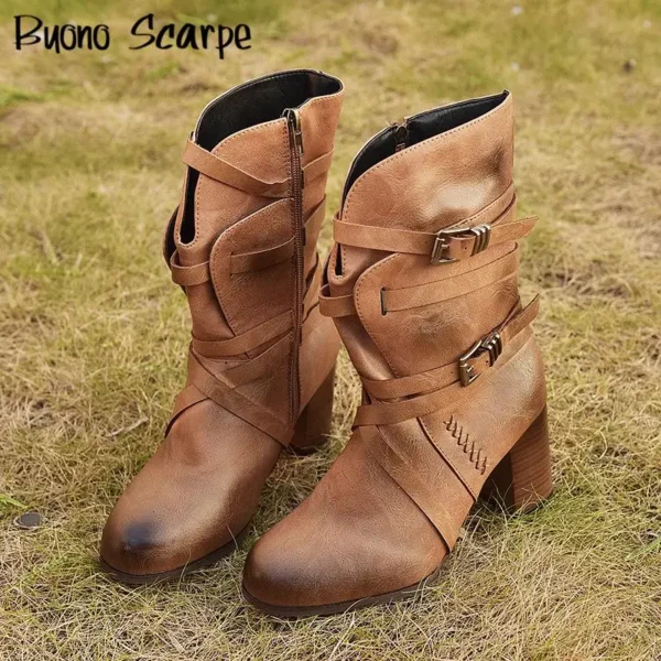 Large Size Thick Sole Women's Boots Double Belt Buckle Retro Leather Ankle Modern Boots Designer All Match Increasing Shoes Lady - Image 4